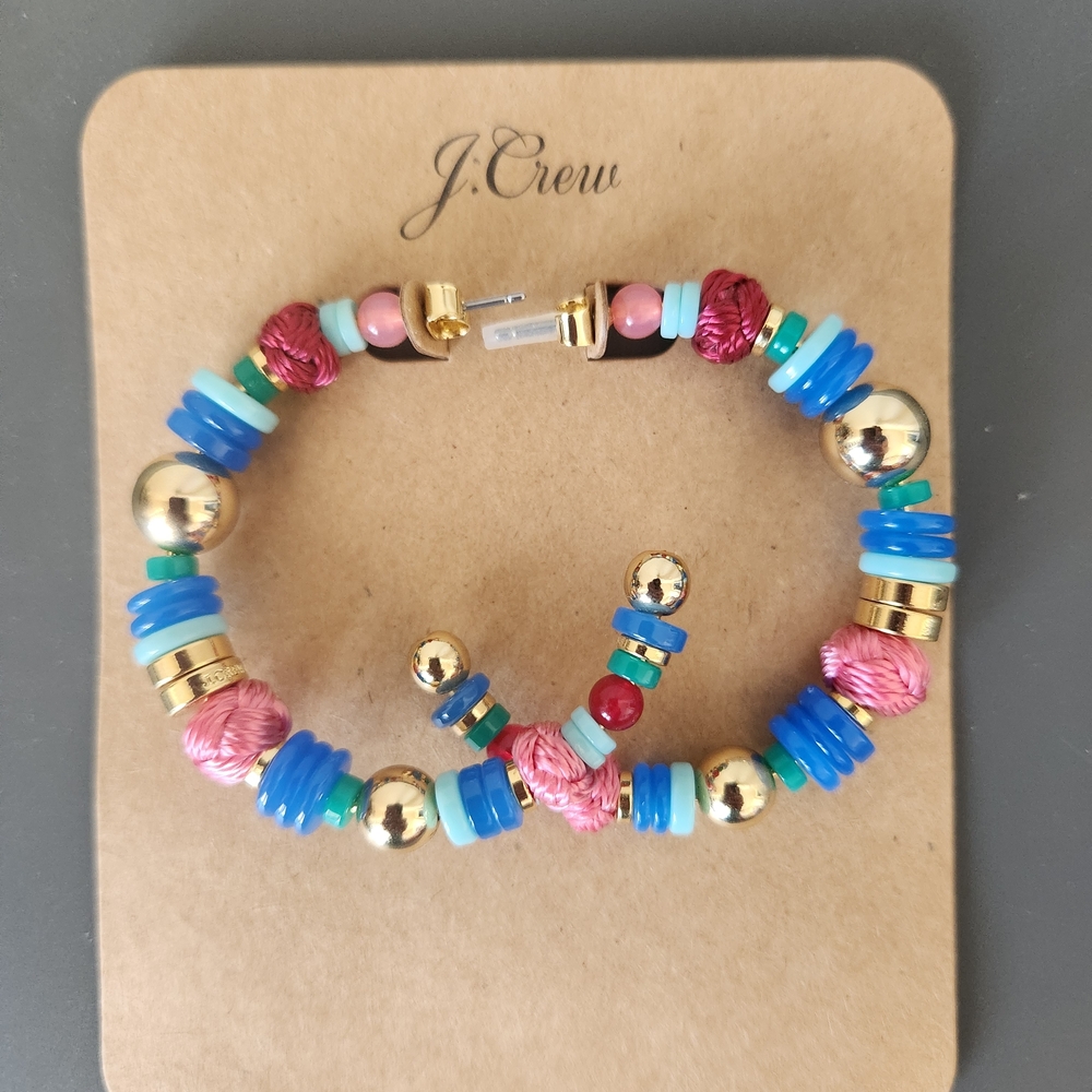 J. Crew Blue, Pink and Gold Beaded Hoop Earrings